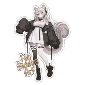 May include: A sticker featuring an anime-style character with gray hair and a fluffy tail. The character wears a white dress, black jacket, and boots. The sticker includes the text "Fur Bidden Art" in a stylized font.