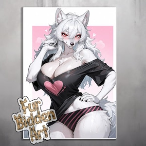 Adesivo in vinile, lupo antropomorfo, peloso, magnete per frigorifero, stampa artistica, waifu, antropomorfo, fursona, ragazza animale anime, poster