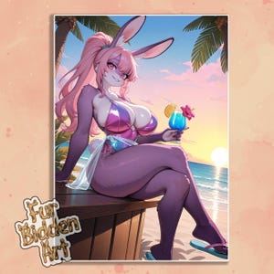Adesivo in vinile con coniglietto curvy, antropomorfo, atmosfera estiva, costume da bagno, peloso, calamita da frigorifero, stampa artistica Waifu, antropomorfo, poster Fursona, tempo in spiaggia