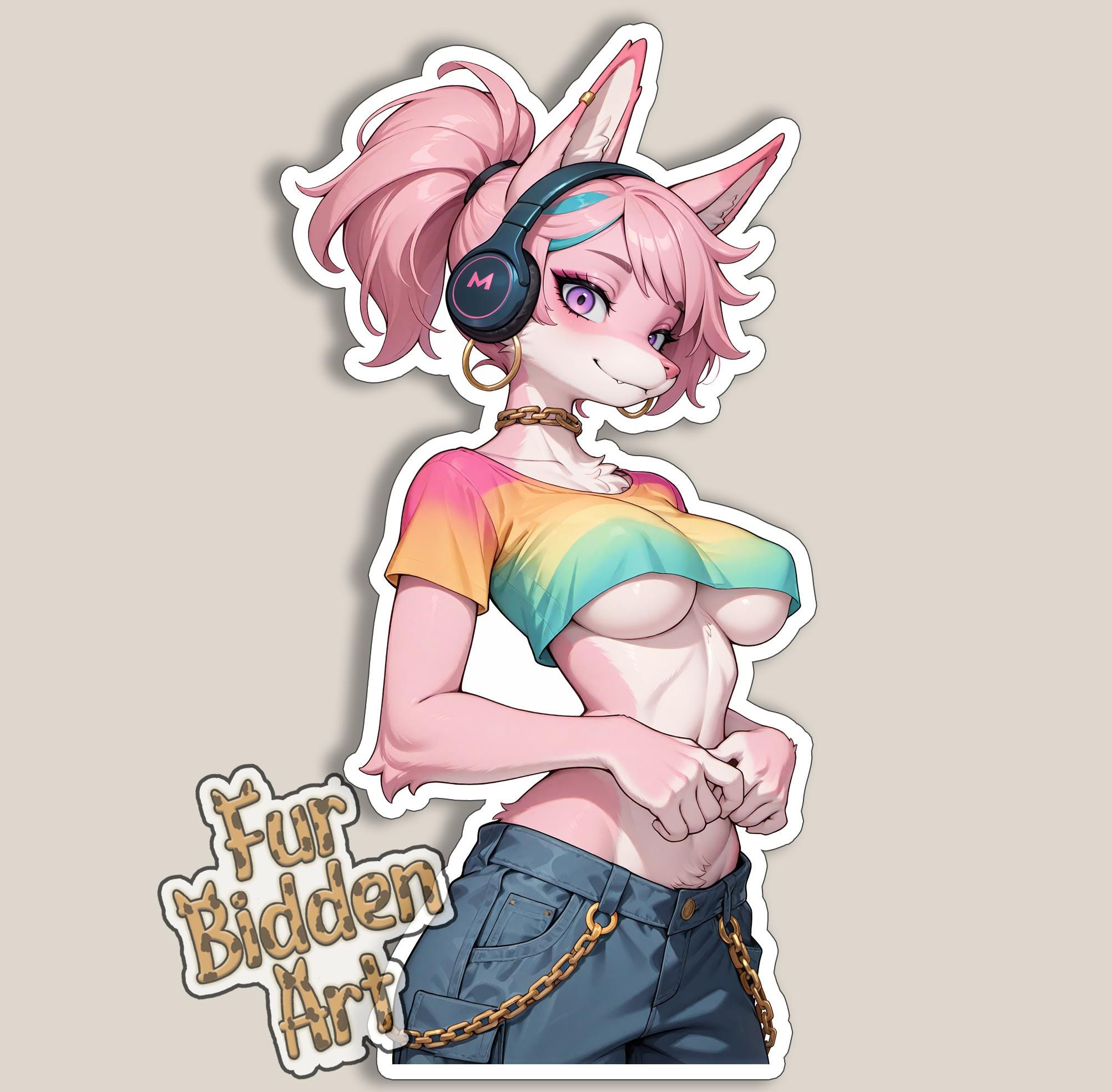 Vinyl Sticker, Anthro, Cute Girl, Furry, Anime Animal Girl,  Aesthetic sticker, Anthropomorphic, Fursona sticker, Headphones, Pink Furry