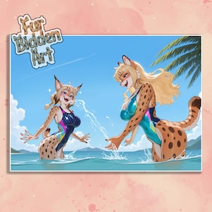 Adesivo in vinile, gatto e lince antropomorfi, pelosi, magneti, stampa artistica, waifu, antropomorfi, ragazza animale anime fursona, poster, tema estivo, spiaggia