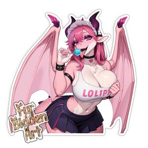 May include: A sticker depicting a pink dragon-like character with pink hair, wings, and horns, wearing a white top with "LOLIP" printed on it, a black skirt, and holding a blue lollipop. The sticker has the text "Fur Bidden Art".