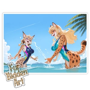 May include: A sticker featuring two anthropomorphic characters in swimsuits playing in the ocean under a blue sky. The characters have spotted fur and animal ears. The sticker has the text "Fur Bidden Art".