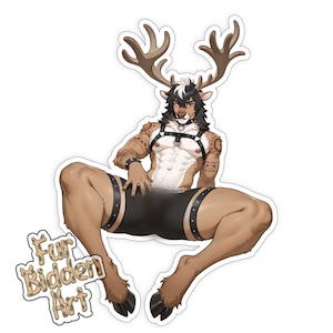 May include: A sticker featuring a stylized anthropomorphic deer character with large antlers, tattoos, and black shorts. The character is wearing a harness. The sticker has the text "Fur Bidden Art".