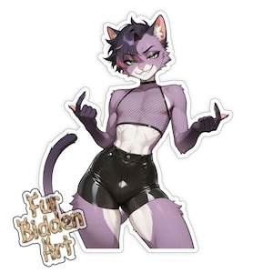 May include: A sticker featuring a stylized anthropomorphic cat character with purple fur, wearing a black mesh top and shorts. The cat is giving the middle finger with both hands. The sticker has the text "Fur Bidden Art".