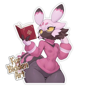 Könnte beinhalten: Ein Aufkleber mit einer Cartoonfigur mit rosa und braunem Fell, Brille und einem rosa Pullover, die ein rotes Buch liest. Der Aufkleber hat den Text "Fur Bidden Art" in goldener, stilisierter Schrift.