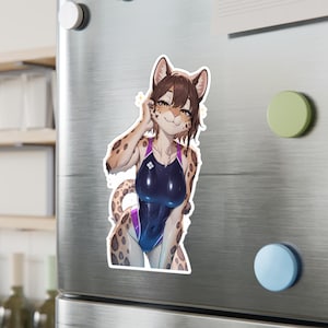 Vinyl Sticker, Leopard Anthro, Furry, Anime Animal Girl, Monster Waifu Aesthetic sticker, Anthropomorphic, Fursona sticker, hologram sticker image 3