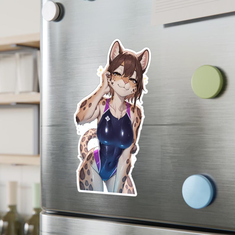 Vinyl Sticker, Leopard Anthro, Furry, Anime Animal Girl, Monster Waifu Aesthetic sticker, Anthropomorphic, Fursona sticker, hologram sticker image 3