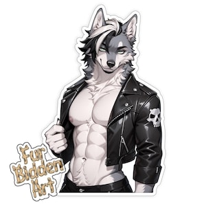 May include: A sticker featuring a muscular anthropomorphic wolf with gray and white fur, wearing a black leather jacket with a skull emblem. The sticker has the text "Fur Bidden Art" in a stylized font.
