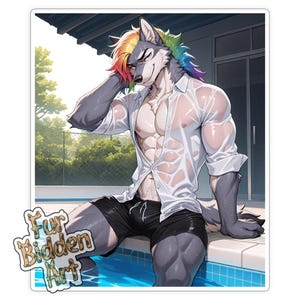 Stud by the Pool Sticker - Rainbow Furry Wolf Husbando Decal