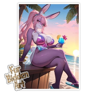 Sticker of Curvy Bunny of Happy Hour - Tropical Sunset Waifu, Furry Vinyl Decal