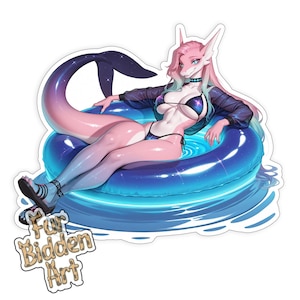 May include: A sticker featuring a stylized anthropomorphic character with pink and blue skin, a dolphin tail, and bunny-like ears, lounging on a blue inflatable ring in water. The character wears a black bikini and jacket. The sticker has the text "Fur Bidden Art".