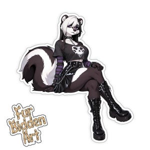 May include: A sticker depicting a skunk character in a gothic style. The skunk is dressed in a black crop top with a skull, a black skirt, and black boots. The sticker includes the text "Fur Bidden Art".