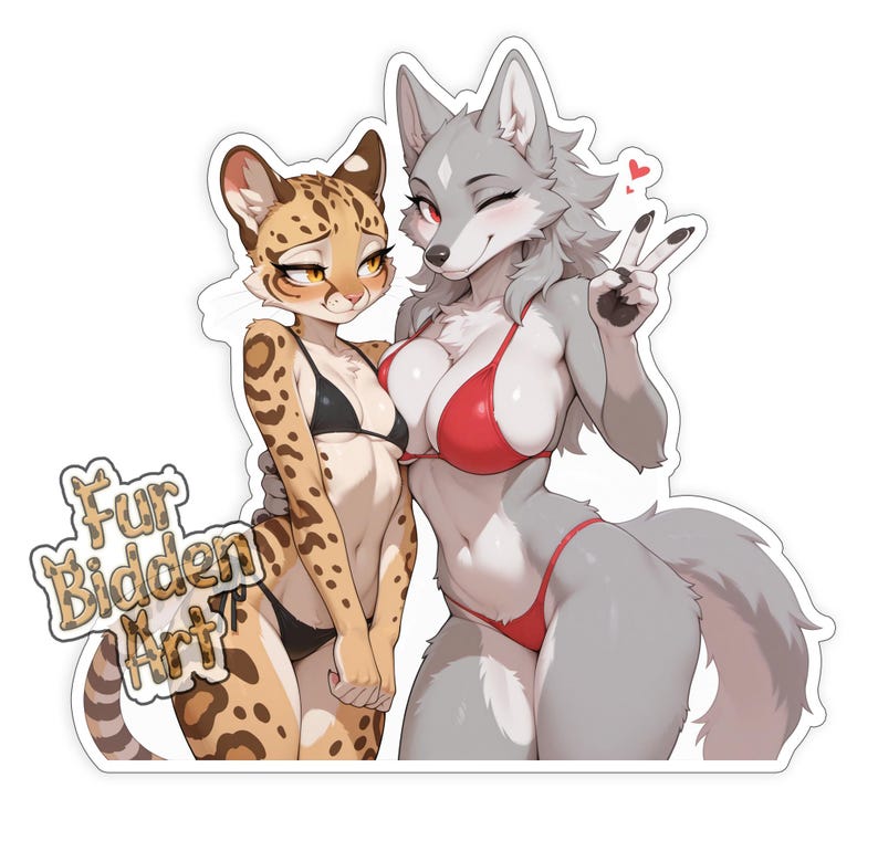 Adesivo sexy Furry Duo / Ragazza gatto lupo e leopardo in bikini - Waifus da spiaggia, migliori amiche canine e feline, mature immagine 1