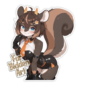 May include: A sticker depicting a cartoon squirrel-like character with brown fur, blue eyes, and an orange tie. The character is wearing a black outfit with orange accents. The sticker has the text "Fur Bidden Art" in a stylized font.