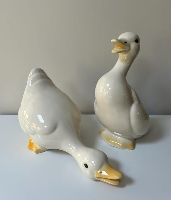 Vintage Ceramic Duck Figurines – Glossy White Ducks – Mid Century