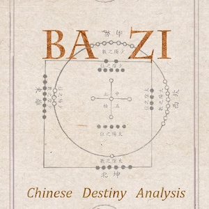 Op de afbeelding: Een beige kaart met de woorden "BA ZI" in grote, bruine letters. De kaart bevat een cirkelvormig diagram met Chinese karakters en symbolen. De tekst "Chinese Destiny Analysis" staat onderaan, met de woorden "RUI" en "MYSTIC" bovenaan.