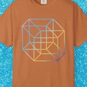 Geometrisch Hypercube T-shirt | Minimalistisch T-shirt met regenbooglijntekeningen | Retro wiskundeshirt, cadeau optische illusie, esthetisch T-shirt