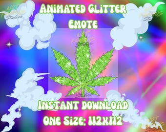 May include: Animated glitter emote graphic featuring a green cannabis leaf with sparkling glitter. The image includes text that reads "Animated Glitter Emote", "Instant Download", and "One Size: 112x112". The background is a colorful, psychedelic design.