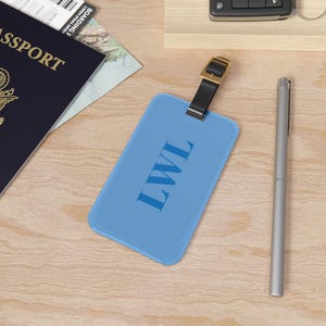 Gepersonaliseerde blauw monogram bagagelabel, cadeau-idee voor hem, aangepast cadeau voor reiziger, aangepast ID-label voor papa, initialen reisaccessoire