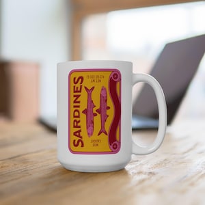 Vintage Sardines Ceramic Coffee Mug, Retro Gift For Her, Trendy Fish Gift For Coffee Lover, Seafood Fisherman Design Aesthetic, Coastal Gift
