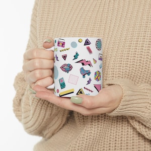 Retro Busy 90s Pattern Ceramic Mug, Trendy 90s Nostalgia Gift Idea for Her, Retro Nineties Clipart Design Coffee Cup, Gift for Millennial