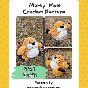 Może przedstawiać: Wzór na szydełku na pluszową zabawkę „Marty” kret. Wzór zawiera trzy różne pozy: stojącą, siedzącą i leżącą. Kret jest brązowy z białym brzuchem i czarnymi oczami. Wzór jest dostępny w pakiecie 3 w 1. 'Marty' Mole Crochet Pattern. Pattern by: @dgcrochetcreations. Page 1 | Copyright © 2025 dgcrochetcreations. All Rights Reserved.