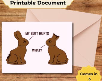 Carte de Pâques drôle - dessin animé j'ai mal aux fesses - fichier numérique à téléchargement immédiat - carte imprimable - lapin en chocolat - Joyeuses Pâques - carte de voeux