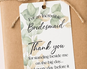 Bridesmaid Maid of Honor Thank You Tag, Bridal Party Card, Minimalist Foliage Wedding Appreciation Gift, Instant Download, Junior Matron