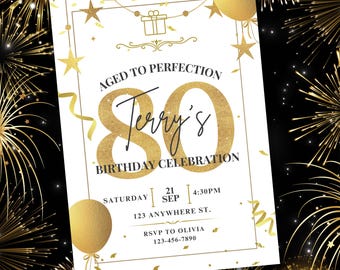 Könnte beinhalten: Goldene und weiße Geburtstagseinladung mit dem Text "Aged to Perfection Terry's 80th Birthday Celebration". Die Einladung enthält Datum, Uhrzeit und Ort der Veranstaltung. RSVP-Informationen sind ebenfalls enthalten.