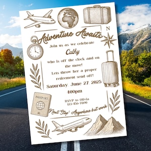Faire-part de retraite, invitation de retraite surprise pour femmes et hommes, modèle modifiable, numérique et imprimable, aventure vous attend