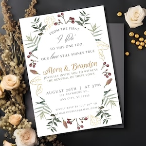 Gelübde Erneuerungseinladung, Blumengrün einladen, bearbeitbare Canva-Vorlage Evite, Hochzeitsjubiläums-Gedicht, Goldblatt, 5x7 druckbares Digital