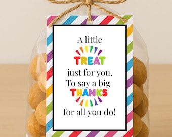 May include: A cellophane bag tied with twine, filled with golden-brown treats. A colourful tag with a black border reads "A little TREAT just for you. To say a big THANKS for all you do!" The tag has a rainbow striped border.