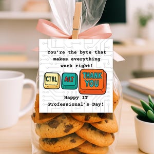 May include: A clear cellophane bag filled with chocolate chip cookies, tied with a pink ribbon and a wooden clip. A white tag reads "You're the byte that makes everything work right!" with "CTRL", "ALT", and "THANK YOU" buttons. "Happy IT Professional's Day!" is also written.