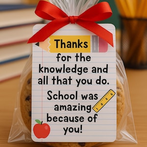 Étiquettes-cadeaux de remerciement pour les enseignants, carte de fin d'année scolaire, comptines des élèves de remerciement, étiquette imprimable de cadeau de faveur de biscuit, semaine nationale