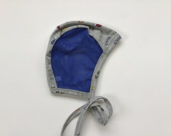 Baby pilot hat gray print with blue mesh hearing hat, toddler hat, emmifaye hat, hat with ties, summer hat, cotton knit hat, snug fitted hat