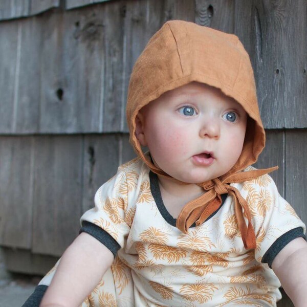Baby bonnet, fall hat, rust colored linen hat with ties, baby gift, baby girl hat, baby girl bonnet, baby boy hat, baby boy bonnet,