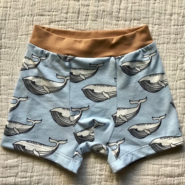 Whale print organic toddler undies, cotton jersey underpants, pull on shorts, bummies, emmifaye, comfy elastic free underwire for children