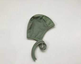 Sage green pilot hat, hearing aid hat with mesh, cochlear hearing aid hat, Scandinavian style, hat with ties,  snug hat, stretchy hat