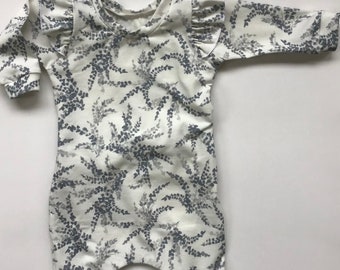 Sz 0/3mon, blue fern print jersey knit romper, baby harem outfit, layette outfit, summer romper, one piece romper, toddler romper, play suit