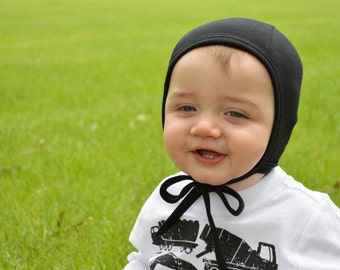 baby pilot hat, black knit hearing aid hat, hat with ties, lightweight baby cap, emmifaye hat, baby shower gift, toddler hat, stretchy hat
