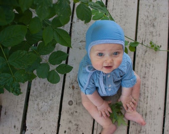 All mesh blue hearing aid hat, hat with ties, toddler hat, Emmifaye hat,mesh pilot hat, baby cap, baby gift, snug fit hat