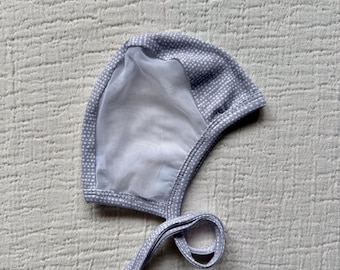 Gray dot baby pilot hat with mesh hearing hat, toddler hat, emmifaye hat, hat with ties, summer hat, cotton knit hat, snug fitted hat