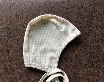 Ivory waffle weave baby pilot hat,baby girl hat, hearing aid hat, Emmifaye hat, hat with ties, toddler hat, spring hat, baby gift, baby cap,