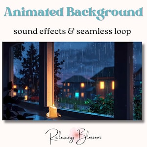 Può includere: Immagine di sfondo animata con il testo "Animated Background" e "sound effects & seamless loop". L'immagine mostra una scena notturna piovosa vista attraverso una finestra, con una candela accesa sul davanzale e case in lontananza.