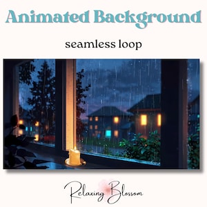 May include: Animated background of a window with rain falling outside. The window is lit by a candle on the sill and shows a view of a street with houses and trees at night. The text "seamless loop" is below the image.