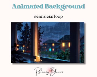May include: Animated background of a window with rain falling outside. The window is lit by a candle on the sill and shows a view of a street with houses and trees at night. The text "seamless loop" is below the image.