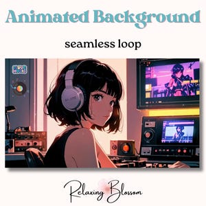 May include: A young woman with black hair wearing headphones sits in front of a computer screen. The screen displays a video game with a female character in a dark outfit. The background is a dimly lit room with a desk and other computer equipment.
