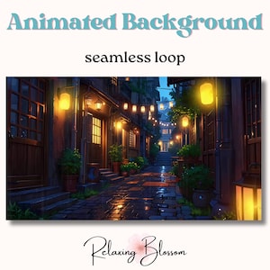 Puede incluir: Fondo animado de una calle estrecha y adoquinada bordeada de edificios e iluminada por faroles brillantes. La calle está mojada por la lluvia y la escena se desarrolla de noche.