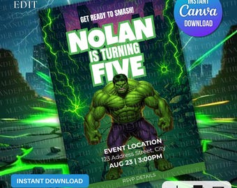 Hulk Birthday Invitation: Green and Purple Superhero Comic (Canva Template Digital Download)